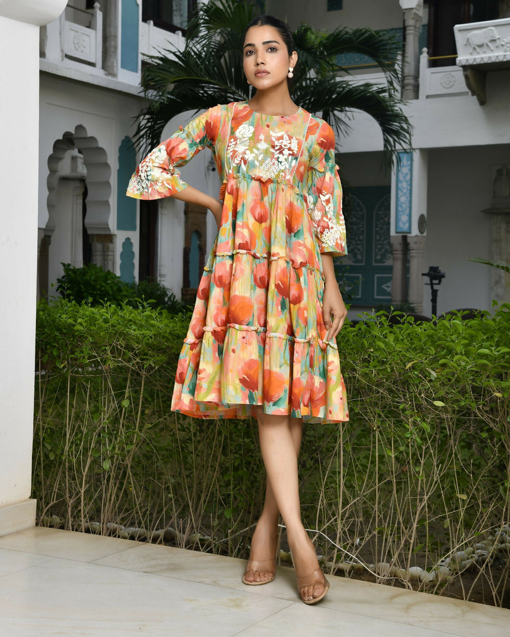 Vaasva Women's Orange Cotton Embroidered& Digital Printed Dress | Grocsy