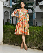 Vaasva Women's Orange Cotton Embroidered& Digital Printed Dress | Grocsy