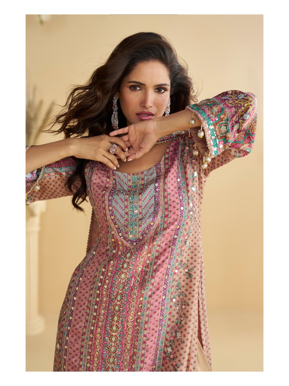 Aarshi Fashions Peach Heavy Crepe Digital Print Palazzo Suits | Grocsy