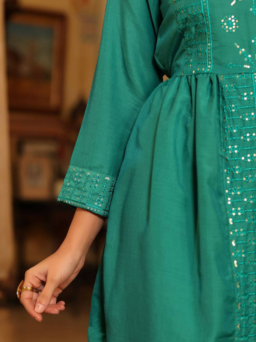 Juniper Women's Teal Festive Embroiderd Flared Dress | Grocsy