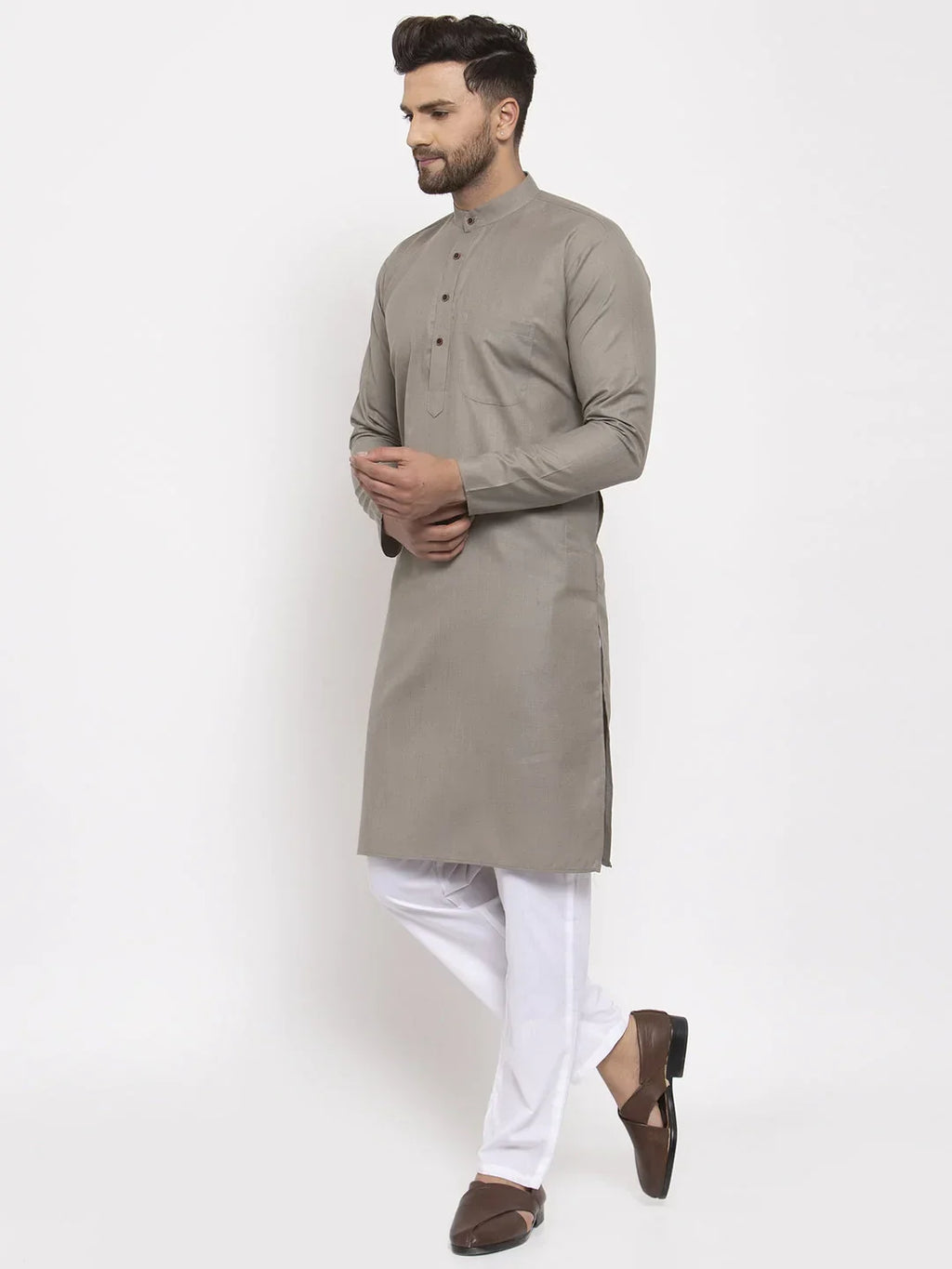 Jompers Men's Grey & White Solid Kurta with Churidar | Grocsy