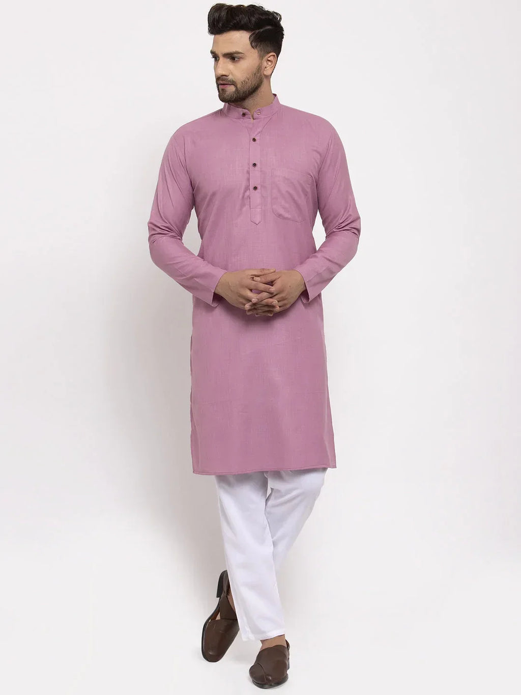 Jompers Men's Magenta Pink & White Solid Kurta with Churidar | Grocsy