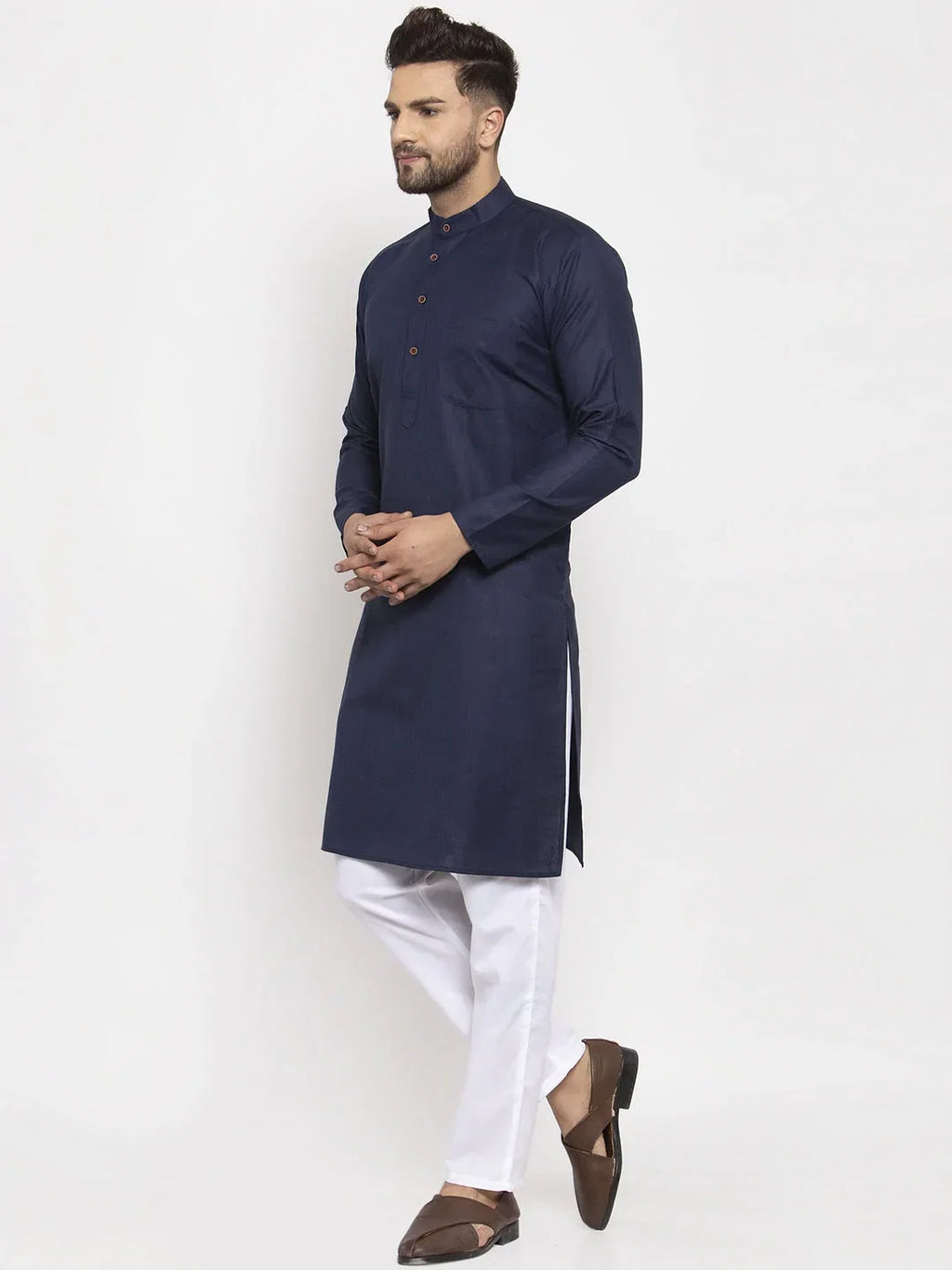 Jompers Men's Navy-Blue & White Solid Kurta with Churidar | Grocsy