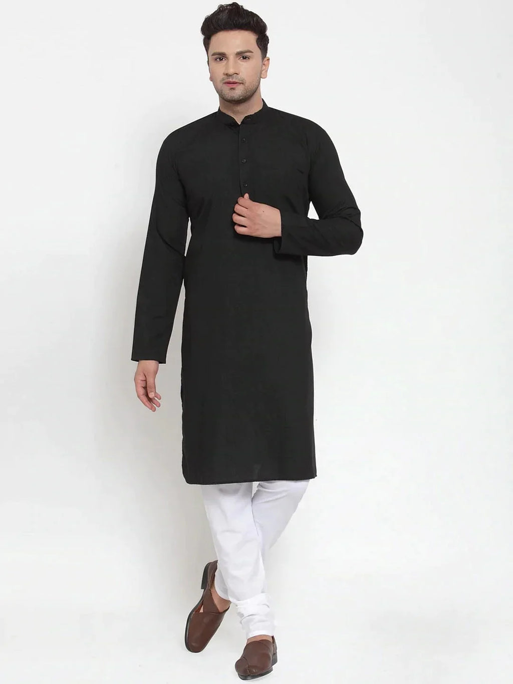 Jompers Men's Black Cotton Solid Kurta Payjama Sets | Grocsy