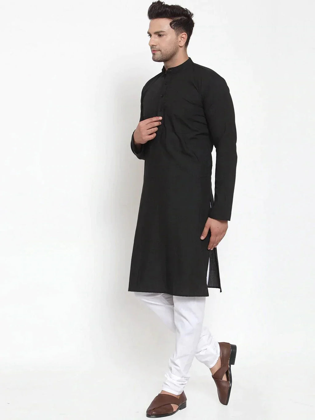 Jompers Men's Black Cotton Solid Kurta Payjama Sets | Grocsy