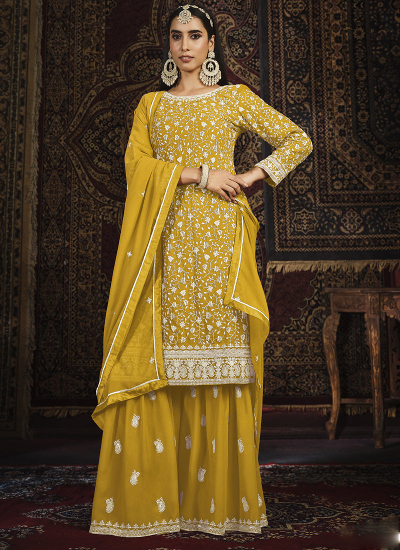 Vegaa Fashion Designer Yellow Faux Georgette Sharara Suit | Grocsy