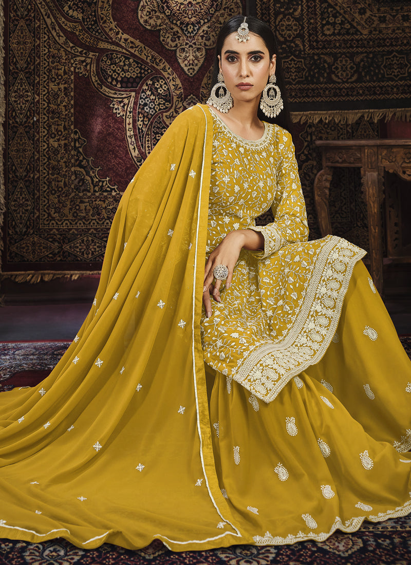 Vegaa Fashion Designer Yellow Faux Georgette Sharara Suit | Grocsy
