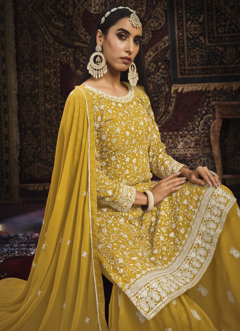 Vegaa Fashion Designer Yellow Faux Georgette Sharara Suit | Grocsy