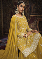Vegaa Fashion Designer Yellow Faux Georgette Sharara Suit | Grocsy