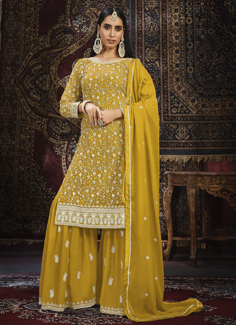 Vegaa Fashion Designer Yellow Faux Georgette Sharara Suit | Grocsy