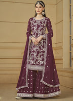 Vegaa Fashion Designer Wine Faux Georgette Embroidery Sharara Suit | Grocsy