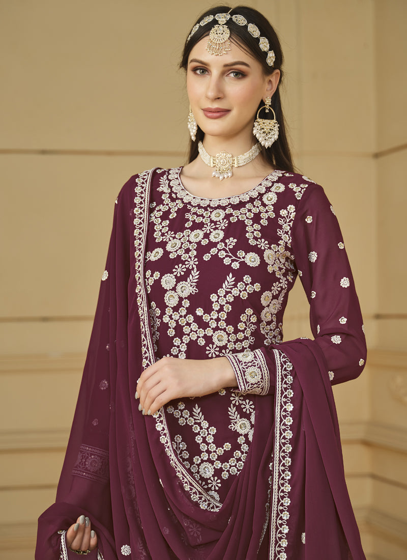 Vegaa Fashion Designer Wine Faux Georgette Embroidery Sharara Suit | Grocsy