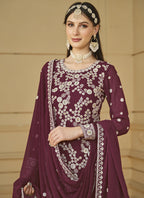 Vegaa Fashion Designer Wine Faux Georgette Embroidery Sharara Suit | Grocsy
