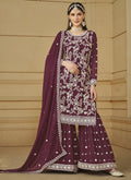 Vegaa Fashion Designer Wine Faux Georgette Embroidery Sharara Suit | Grocsy