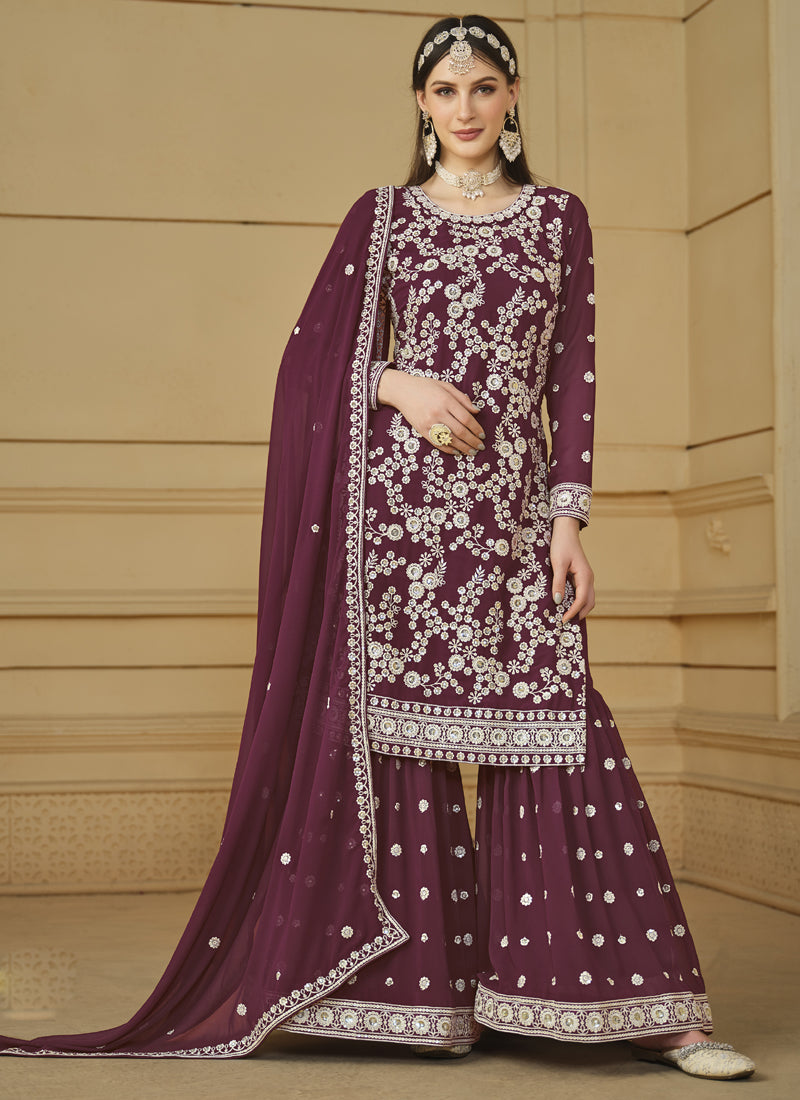 Vegaa Fashion Designer Wine Faux Georgette Embroidery Sharara Suit | Grocsy