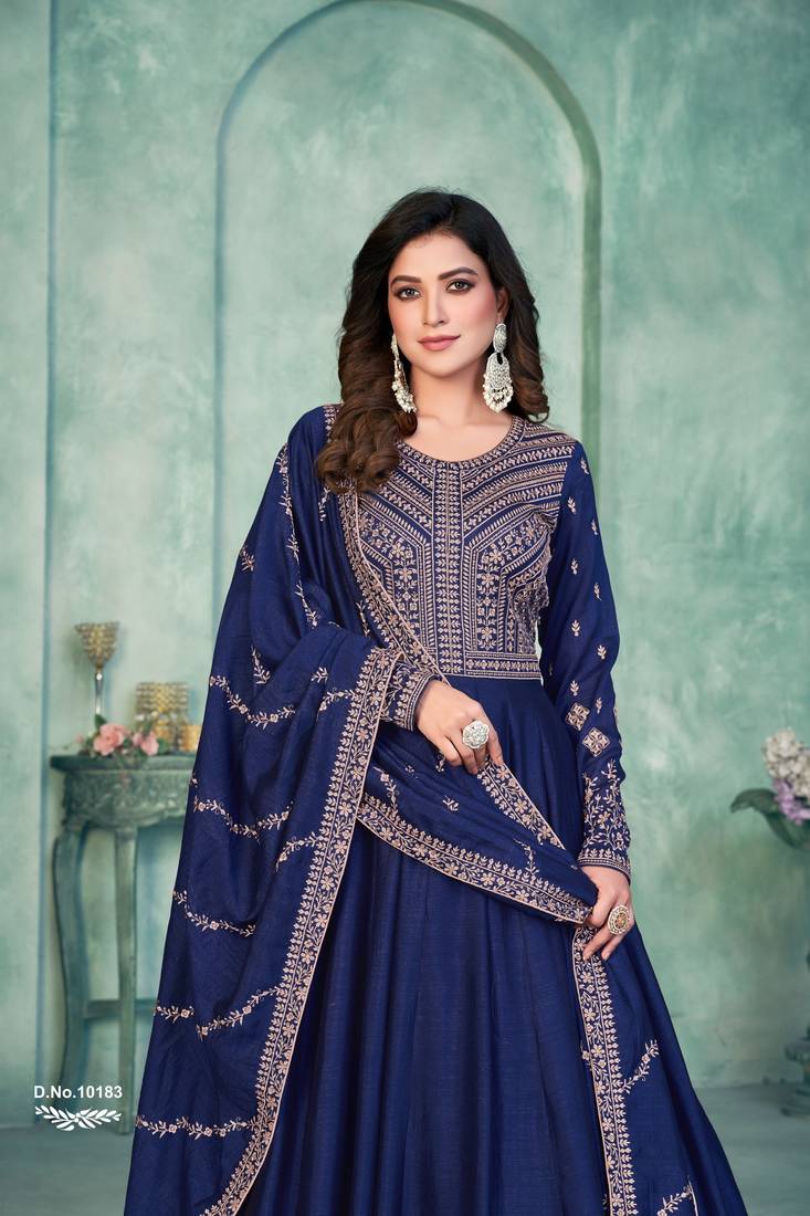 Anaita Navy Blue Embroidered Art Silk Anarkali Suit | Grocsy