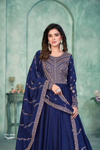Anaita Navy Blue Embroidered Art Silk Anarkali Suit | Grocsy