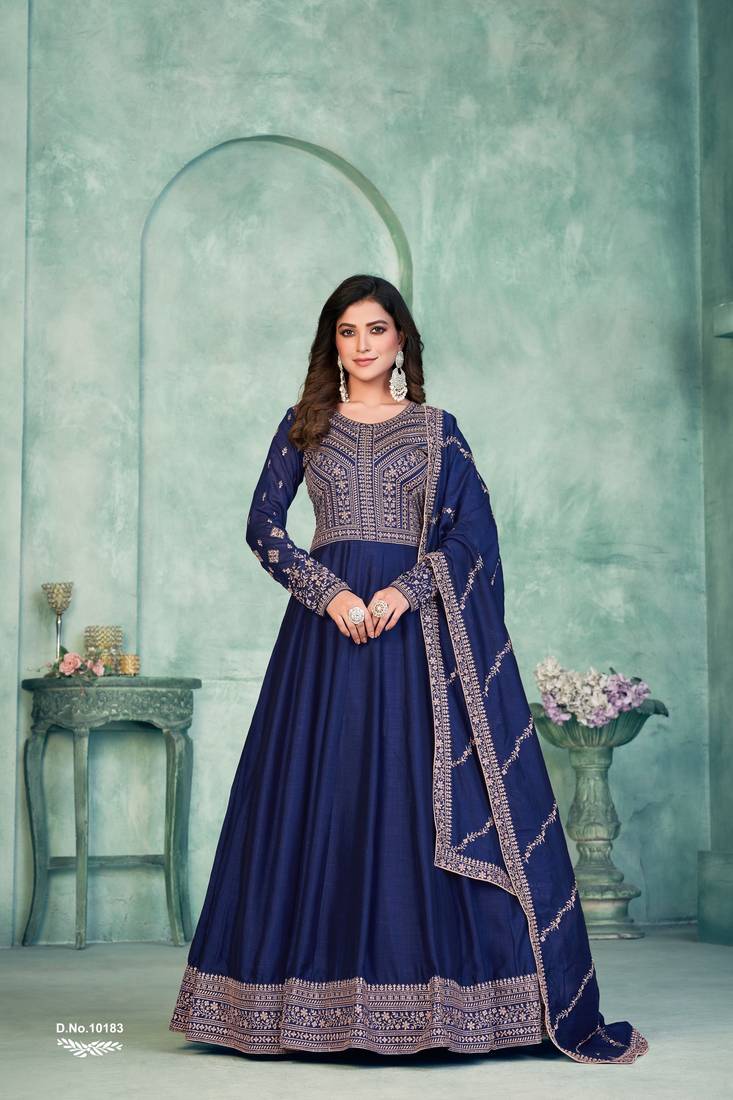 Anaita Navy Blue Embroidered Art Silk Anarkali Suit | Grocsy