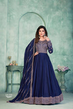 Anaita Navy Blue Embroidered Art Silk Anarkali Suit | Grocsy