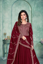 Anaita Maroon Embroidered Art Silk Anarkali Suit | Grocsy