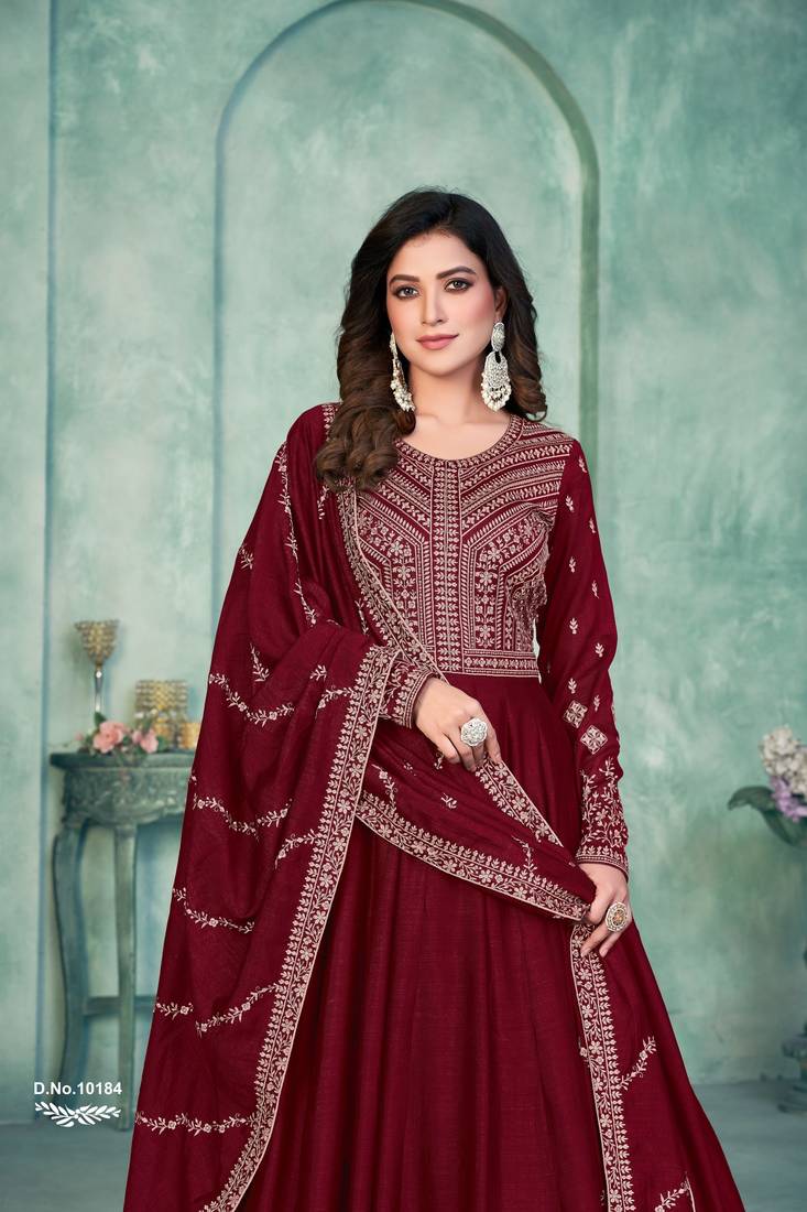 Anaita Maroon Embroidered Art Silk Anarkali Suit | Grocsy