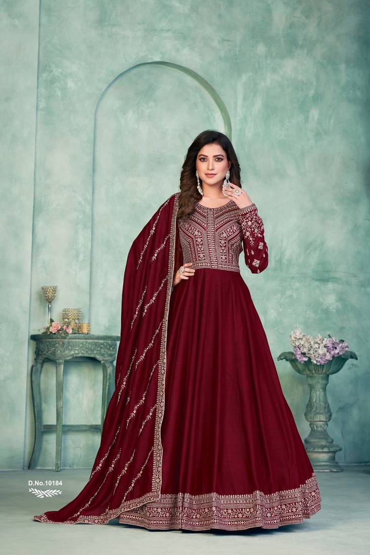 Anaita Maroon Embroidered Art Silk Anarkali Suit | Grocsy