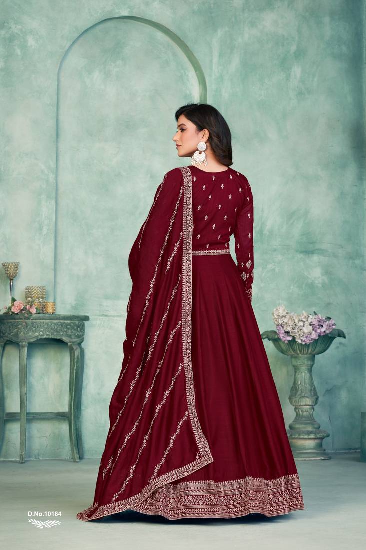 Anaita Maroon Embroidered Art Silk Anarkali Suit | Grocsy