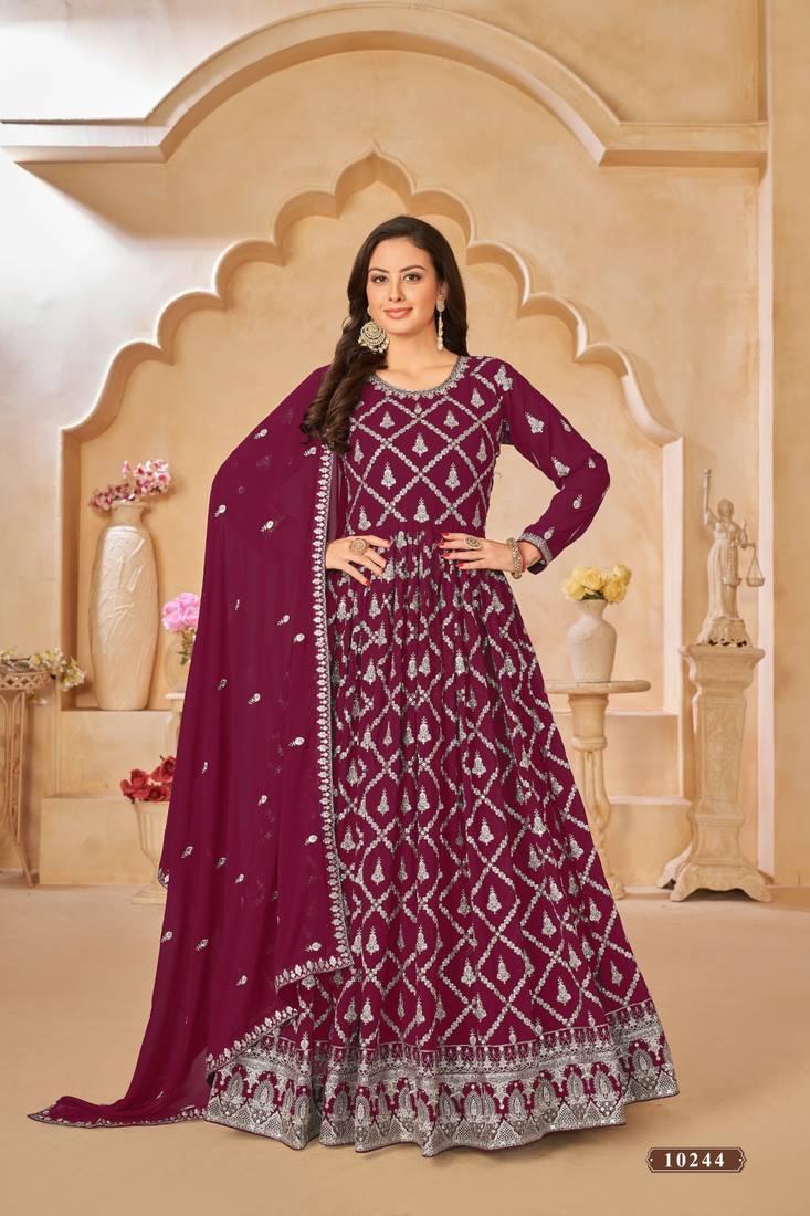 Anaita Purple Embroidered Faux Georgette Anarkali Suit | Grocsy