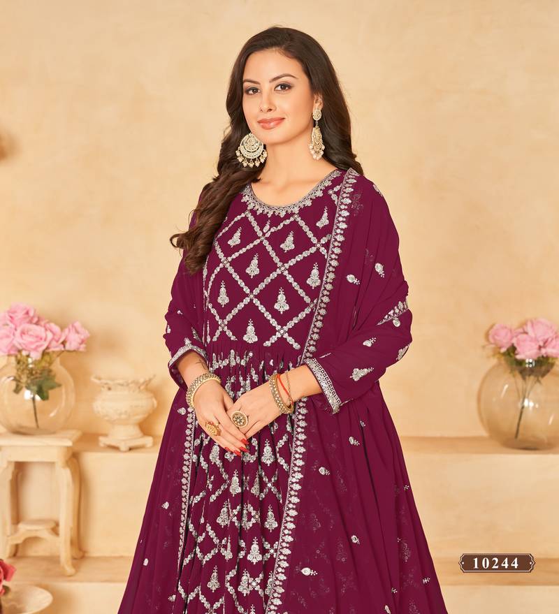 Anaita Purple Embroidered Faux Georgette Anarkali Suit | Grocsy