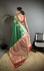 Joban Fashion Bottle Green Woven Butti Soft Silk Banarasi Silk Saree | Grocsy