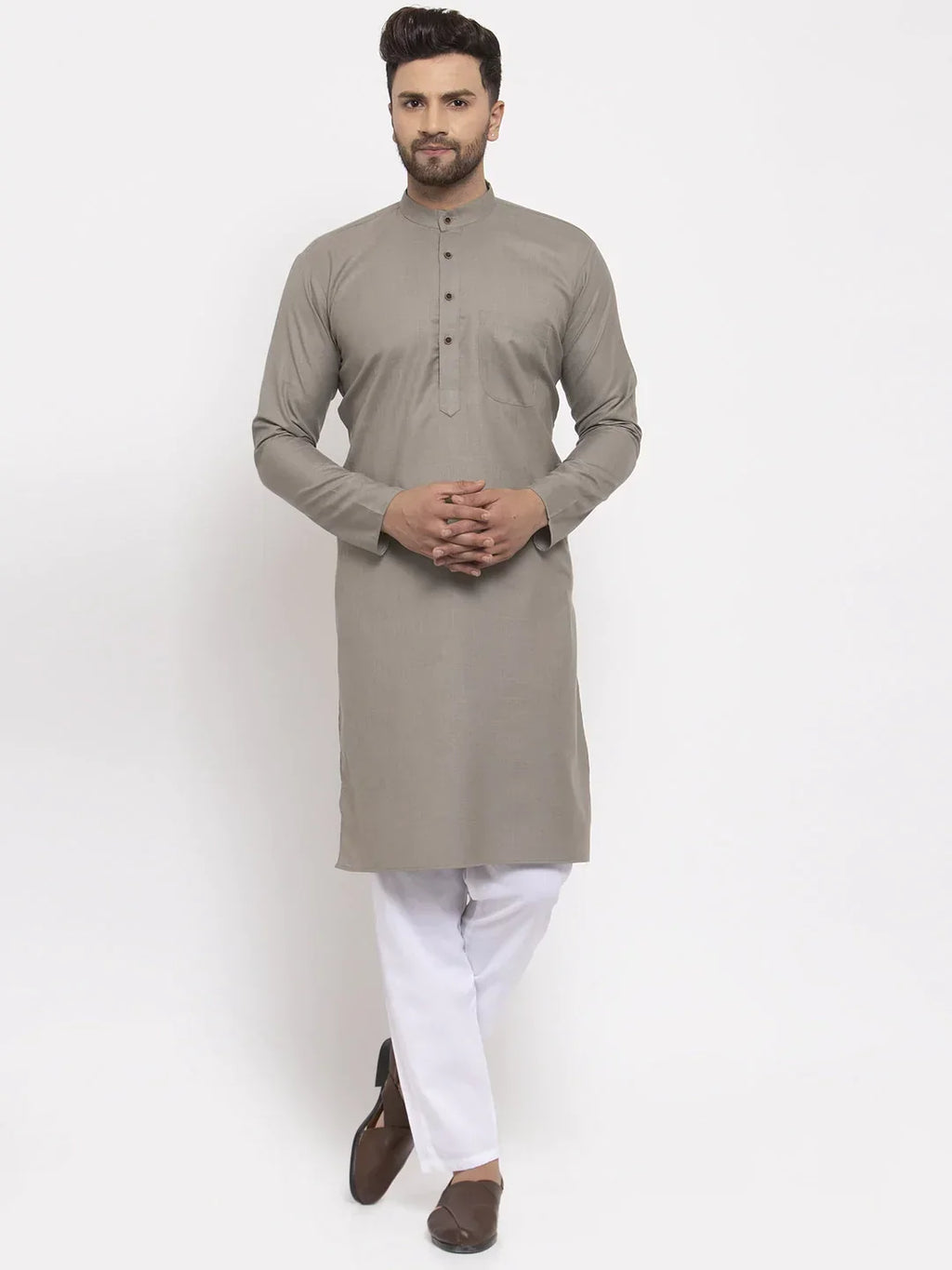 Jompers Men's Grey & White Solid Kurta with Churidar | Grocsy