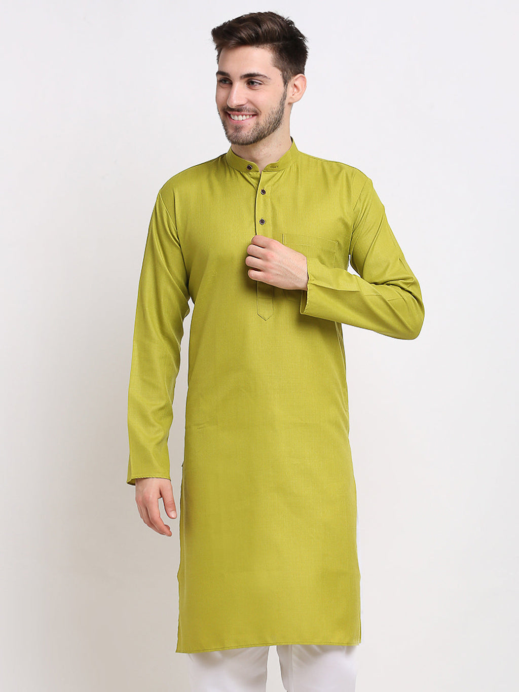 Jompers Men's Solid Cotton Kurta - Olive | Grocsy