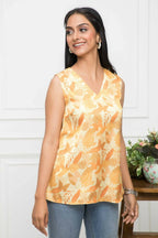 Myshka Women Mustard Floral V-Neck No Sleeves Polyester Top | Grocsy