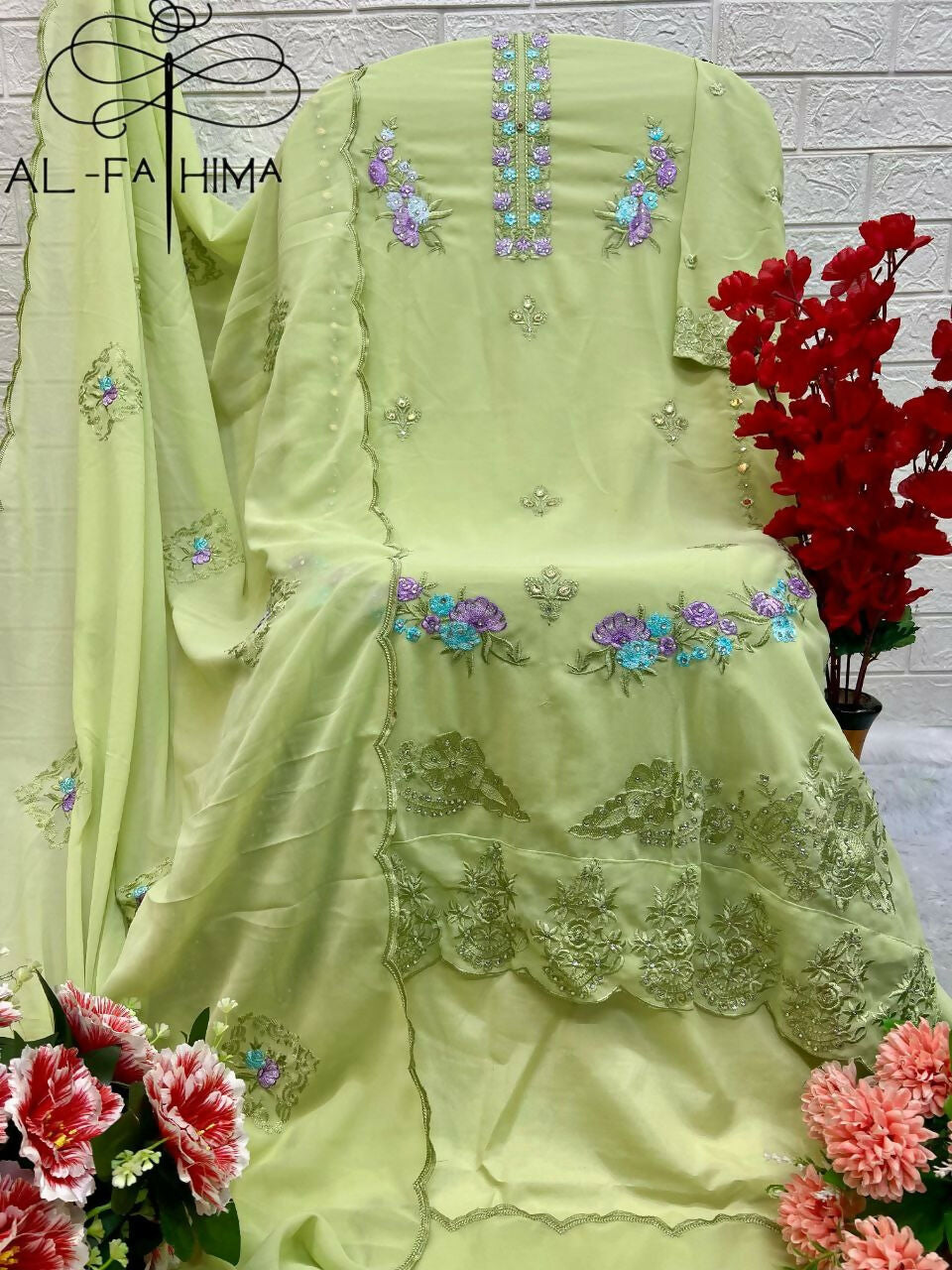 Jyoti Fashion Women's Pista Green Faux Georgette Heavy Embroidery and Moti Work Kurta Set | Grocsy
