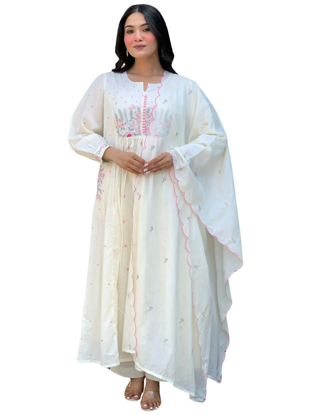 The52 White Women's Beautiful Cotton Fabric Thread Work Straight Kurta Pant and Dupatta Set | Grocsy