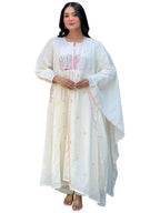 The52 White Women's Beautiful Cotton Fabric Thread Work Straight Kurta Pant and Dupatta Set | Grocsy