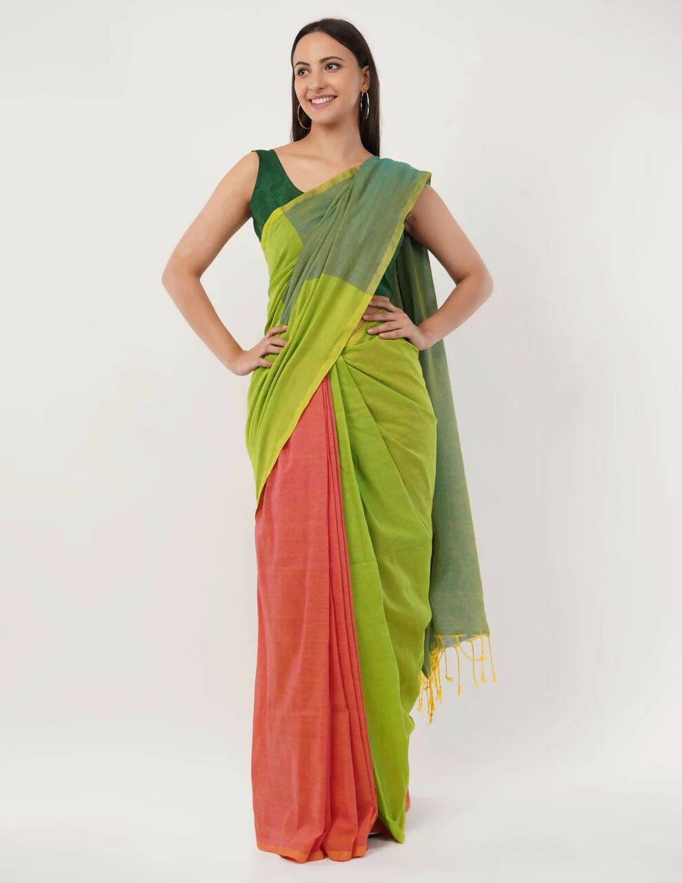 Exclusive Collection Beautiful Khadi Cotton Olive Green Orange Handloom Saree | Grocsy