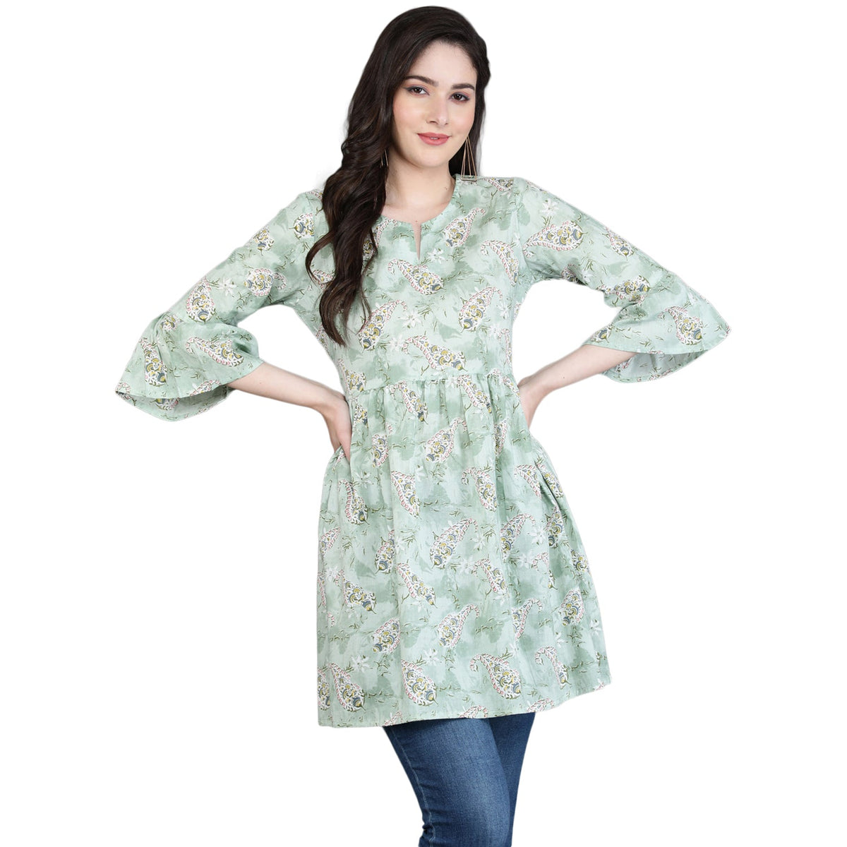 Antaran Green Pure Cotton Printed Tunic | Grocsy