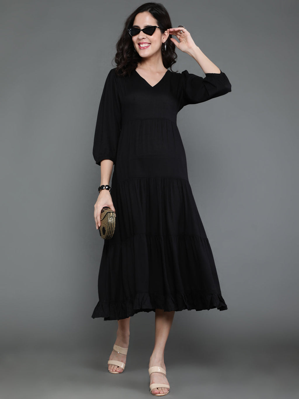 Antaran Black Rayon Flared Solid Black Dress | Grocsy