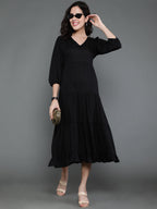 Antaran Black Rayon Flared Solid Black Dress | Grocsy