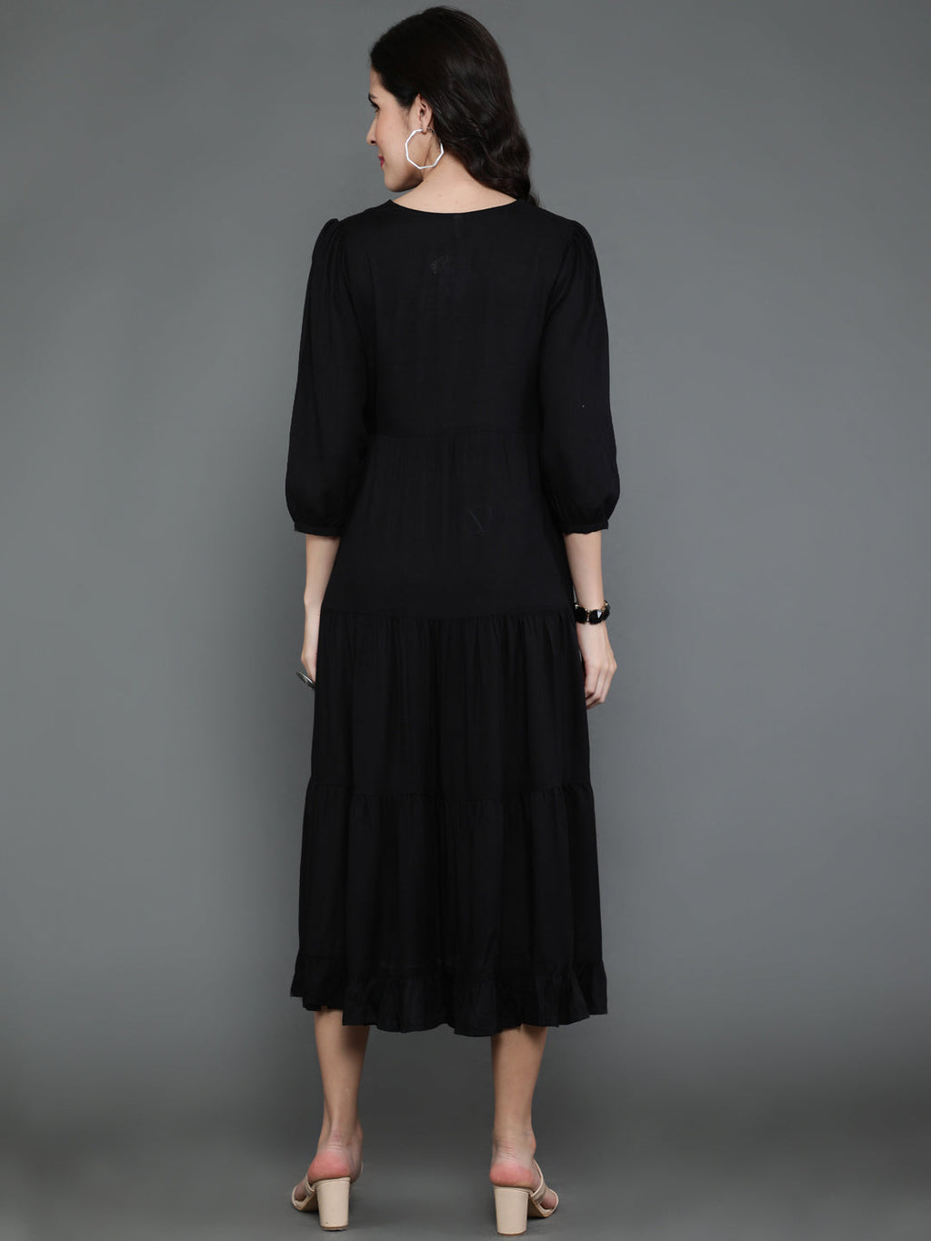 Antaran Black Rayon Flared Solid Black Dress | Grocsy