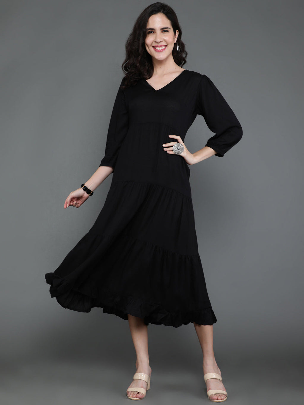 Antaran Black Rayon Flared Solid Black Dress | Grocsy