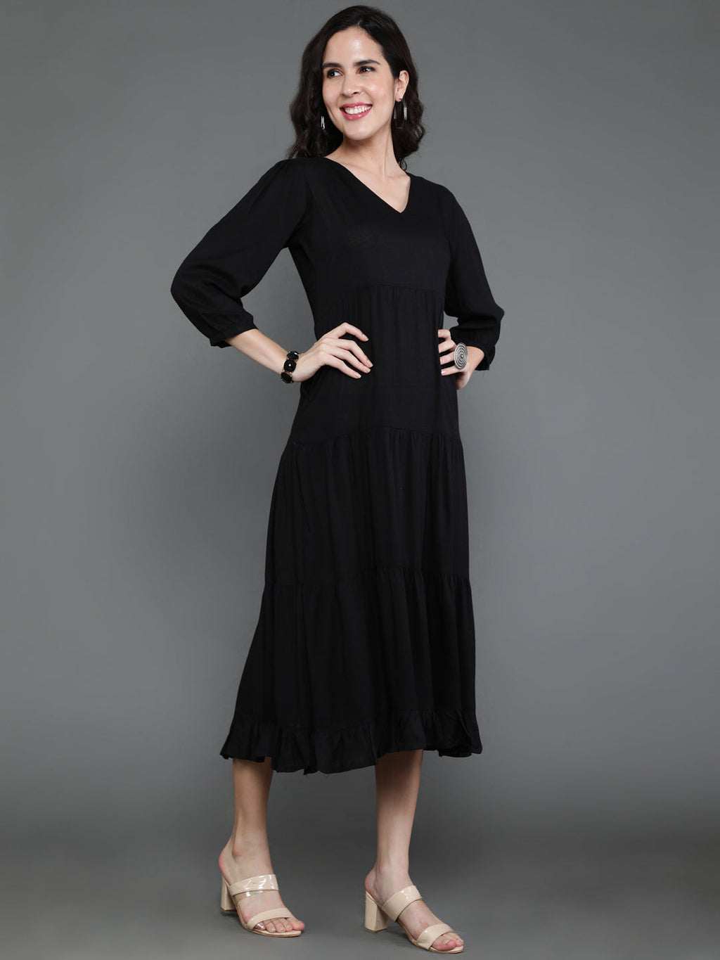 Antaran Black Rayon Flared Solid Black Dress | Grocsy