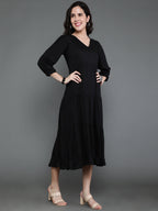 Antaran Black Rayon Flared Solid Black Dress | Grocsy
