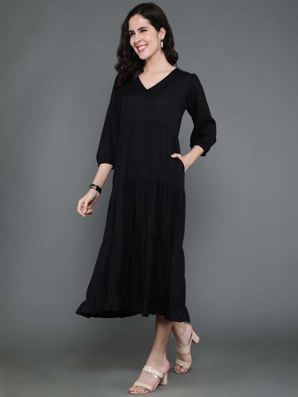 Antaran Black Rayon Flared Solid Black Dress | Grocsy