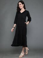 Antaran Black Rayon Flared Solid Black Dress | Grocsy