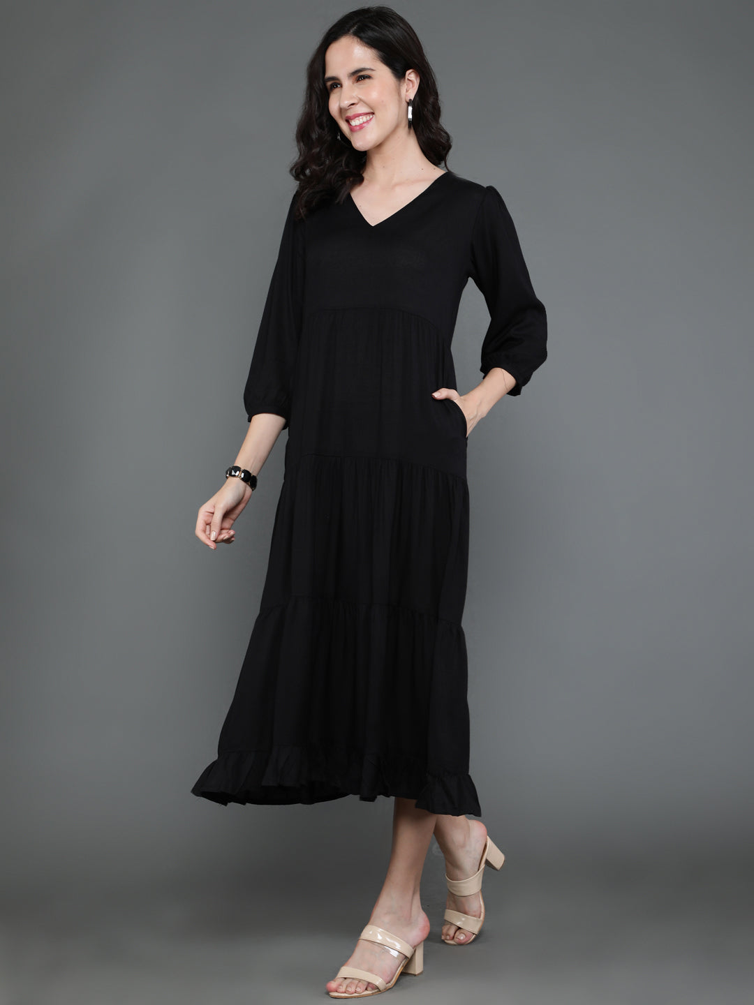 Antaran Black Rayon Flared Solid Black Dress | Grocsy