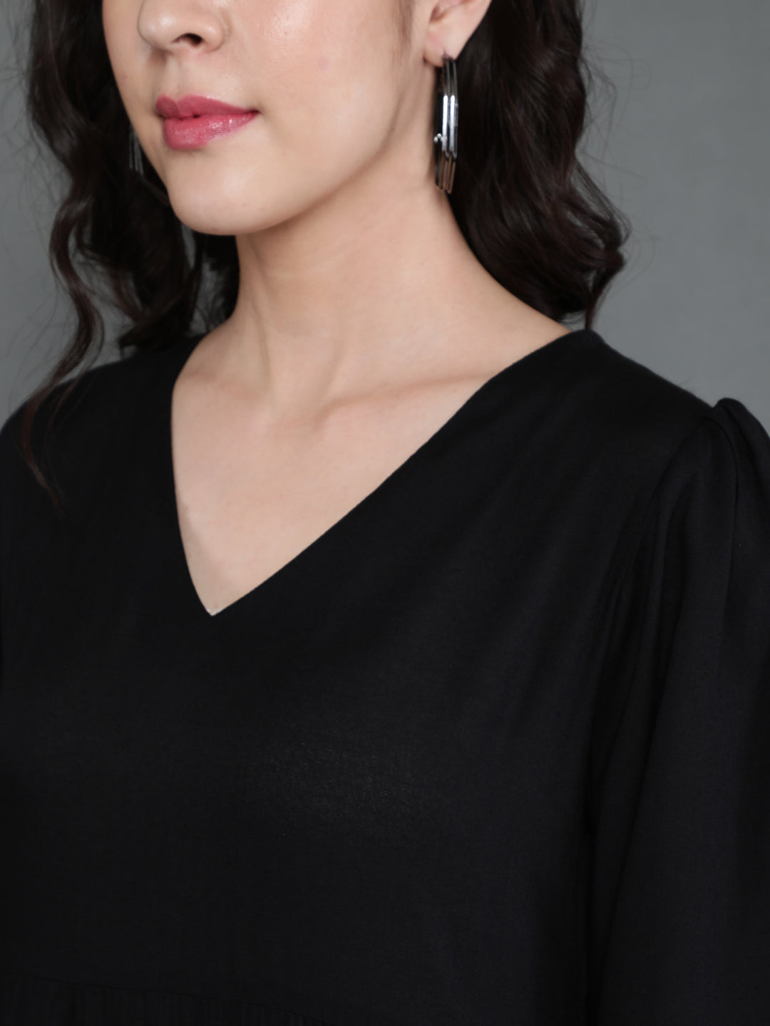 Antaran Black Rayon Flared Solid Black Dress | Grocsy