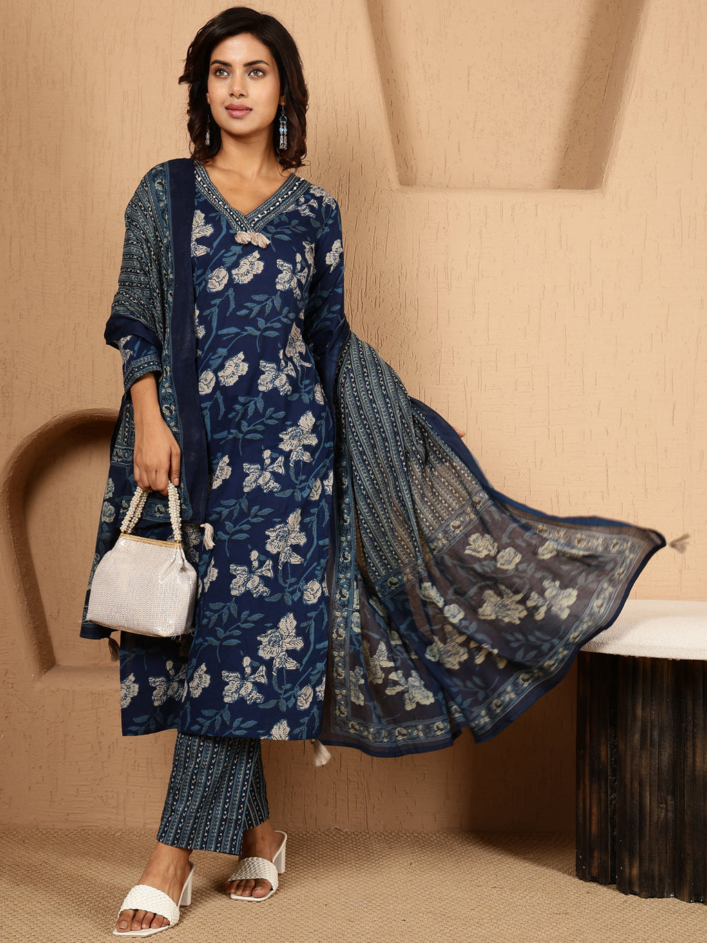Antaran Blue Pure Cotton Embellished Kurta Pant & Dupatta Set | Grocsy