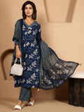 Antaran Blue Pure Cotton Embellished Kurta Pant & Dupatta Set | Grocsy